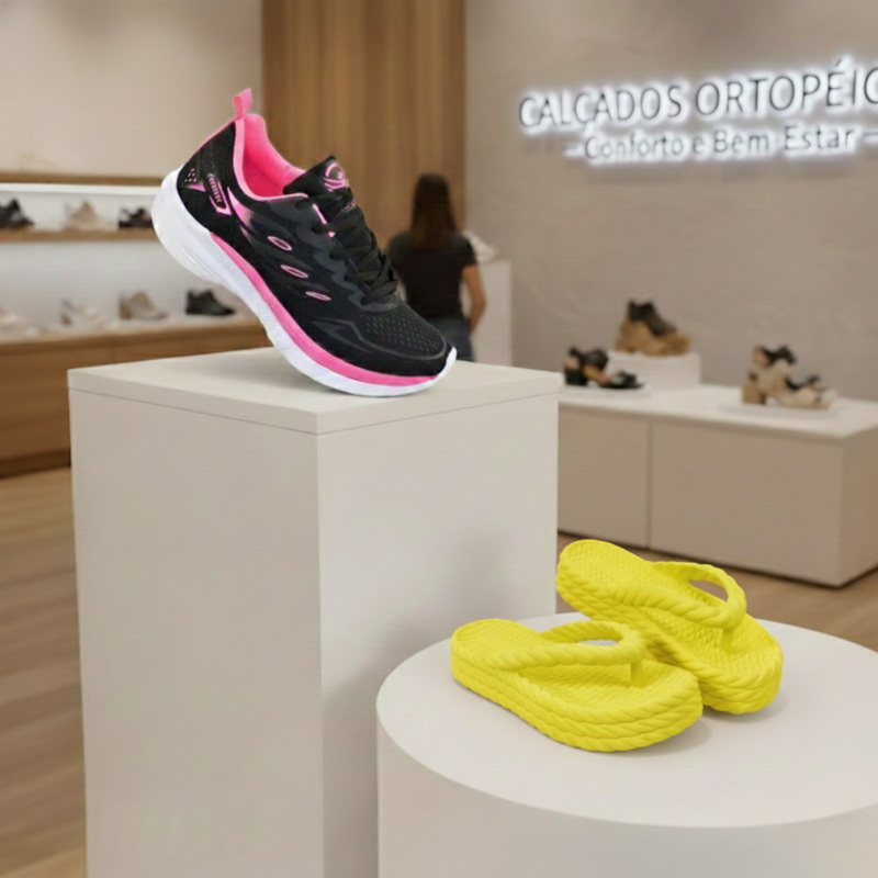 Combo Ortopédico Premium – Tênis Anti-Dor + Chinelo Leve Grátis