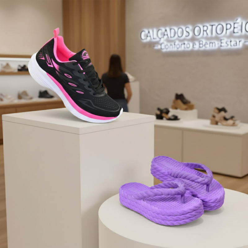 Combo Ortopédico Premium – Tênis Anti-Dor + Chinelo Leve Grátis